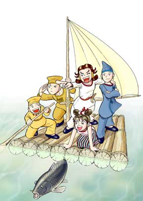 イラスト 筏に乗る古墳時代人